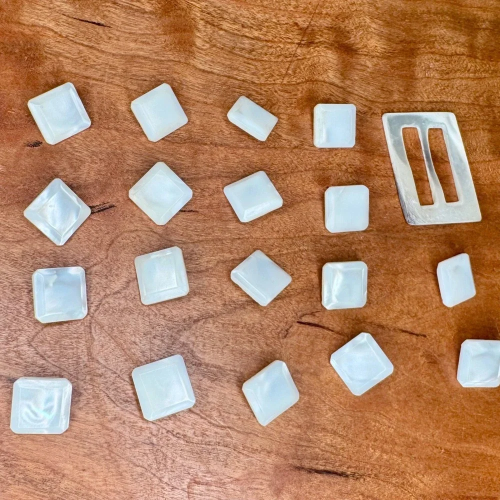 Vintage Mother of Pearl Square Metal Shank Buttons 18 pc & Slide Buckle Set